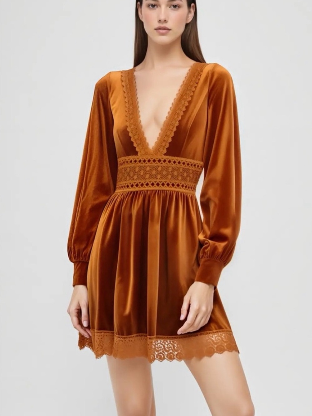 Cider Rust Velvet Deep V Lace-Trim Mini Dress